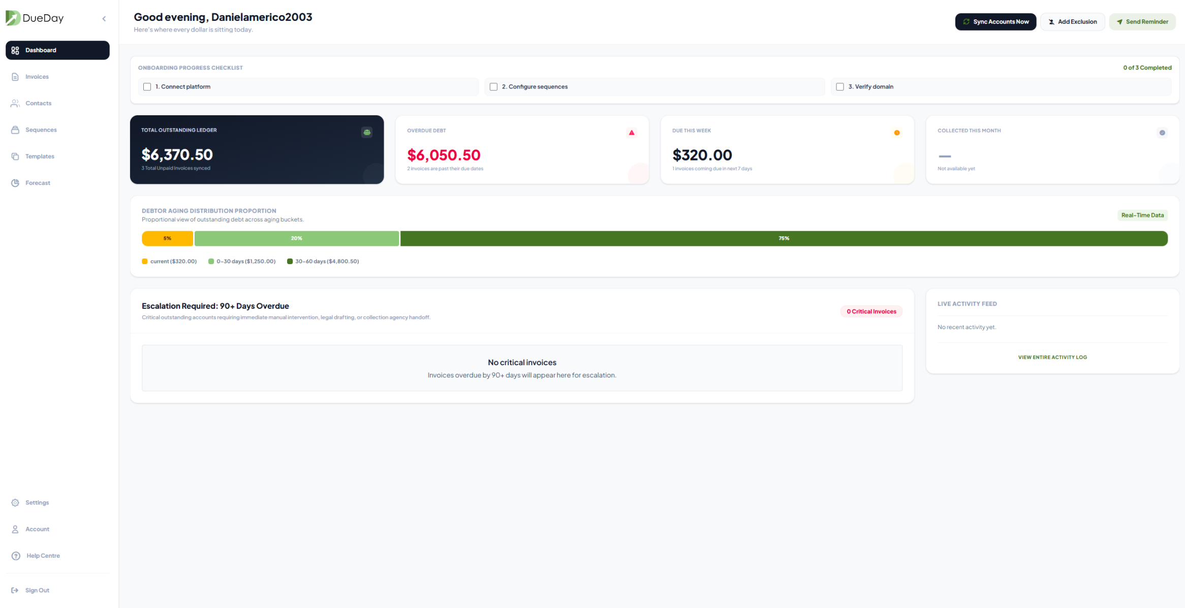 DueDay dashboard — debtor aging overview